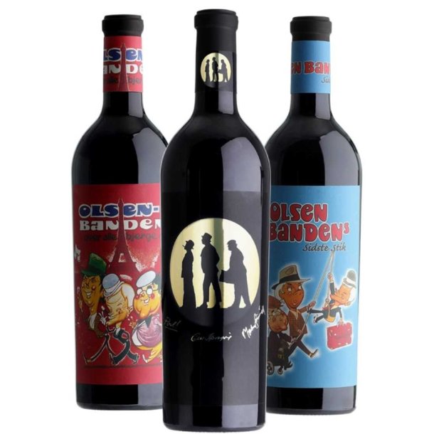  Olsen Banden rdvin m. etiket fra film 13 og 14 + ekstra stilfuld vinflaske (3-pak)